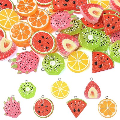 35Pcs 7 Styles Fruit Theme Spray Painted Opaque Resin Pendants RESI-YW0006-09-1