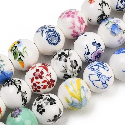 Mixed Styles Floral Printed Porcelain Beads Strands PORC-M004-01M-1