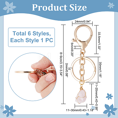  6Pcs 6 Styles Nuggets Natural Gemstone Wire Wrapped Keychain Key Ring KEYC-NB0001-50-1