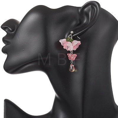 Flower with Butterfly Glass & Acrylic Dangle Stud Earrings EJEW-TA00788-1