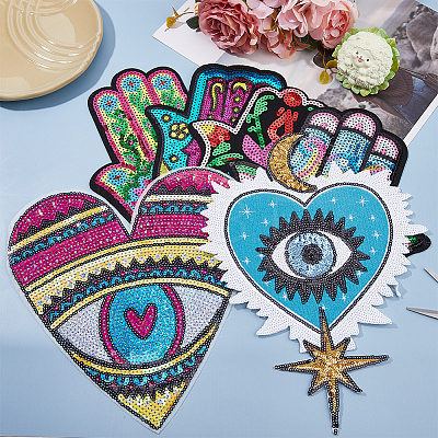 6Pcs 6 Style Hamsa Hand/Heart with Evil Eye Computerized Embroidery Cloth Iron on Sequins Patches DIY-HY0001-50-1