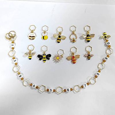 Alloy Enamel Bees Pendant Knitting Row Counter Chain with Hexagon Ring HJEW-BC0001-43-1