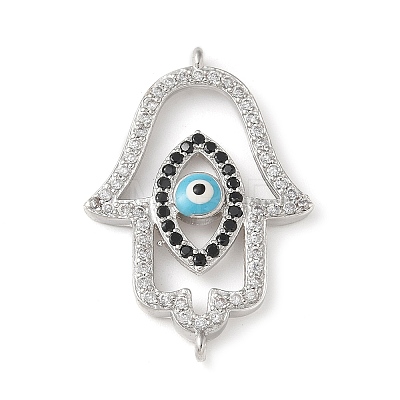 Brass Micro Pave Cleear & Black Cubic Zirconia Evil Eye Hamsa Hand Connector Charms KK-C086-15A-P01-1