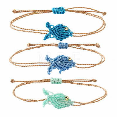 Ocean Adjustable Braided Wax Cord Fish Link Bracelet Sets with Brass Beads for Women XU5174-12-1