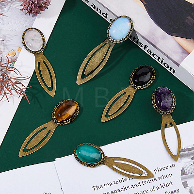 Oval Natural Rose Quartz & Tiger Eye & Black Stone & Amethyst & Agate & Opalite Bookmark AJEW-DC00018-1