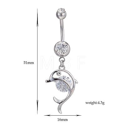 Piercing Jewelry Real Platinum Plated Brass Rhinestone Dolphin Navel Ring Belly Rings AJEW-EE0001-63-1
