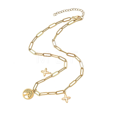 304 Stainless Steel Tree of Life and Cross Pendant Paperclip Chain Necklaces for Women NJEW-JN05664-1