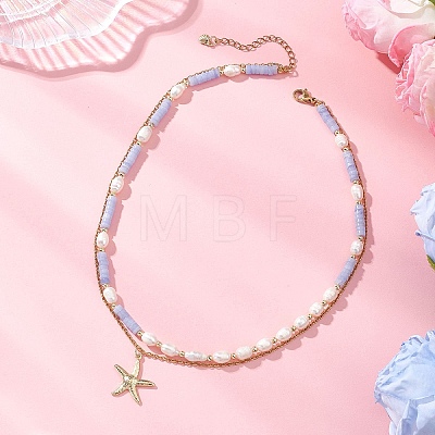 Synthetic Blue Lace Agate Heishi Beads and Rice Natural Pearl Beaded Double Layer 304 Stainless Steel Starfish Pendant Necklaces NJEW-JN05847-01-1