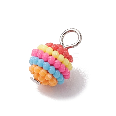 Rainbow Color Resin Waxberry Round Charms with Platinum Tone Iron Loops PALLOY-JF02774-1