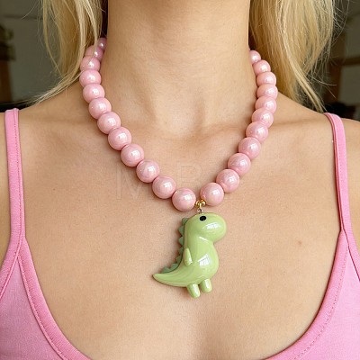 Resin Dinosaur Pendant Pink Round Beaded Necklaces for Women WG6D99C-01-1