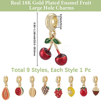 9Pcs 9 Styles Brass Enamel Fruit European Dangle Charms OPDL-BBC0001-04G-1