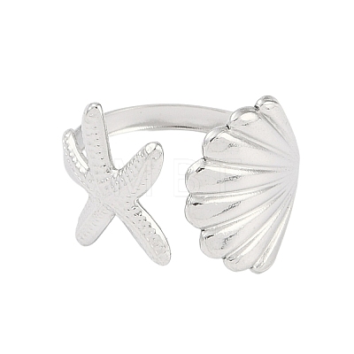 304 Stainless Steel Starfish & Shell Open Cuff Rings for Women LS-RJEW-C095-09P-1