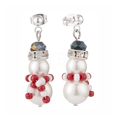 Shell Pearl & Glass Braided Christmas Snowman Dangle Stud Earrings EJEW-TA00089-1