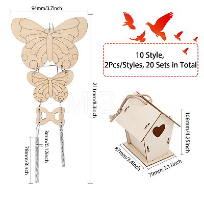 20 Sets 10 Style DIY Unfinished Wood Wind Chime & Bird House Making Kits DIY-BC0012-21-1