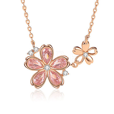 925 Sterling Silver Pave Pink Cubic Zirconia Double Sakura Flower Pendant Cable Chain Necklaces for Women FS-WGCE9CB-01-1