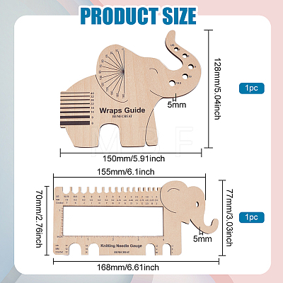 1 Set Elephant Shape  Wooden Knitting Needle Gauge & Yarn Wrap Guide Board DIY-BC0006-94-1