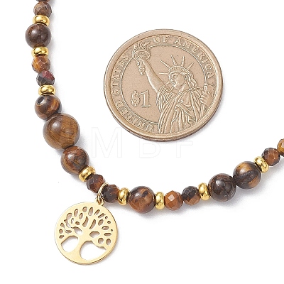 Tree of Life 304 Stainless Steel Pendant Natural Tiger Eye Round Beaded Necklaces NJEW-JN05712-1