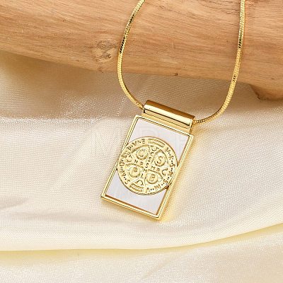 Brass Pave Shell Rectangle Saint Benedict Medal Cross Pendants Necklaces for Women NJEW-Z053-01G-02-1