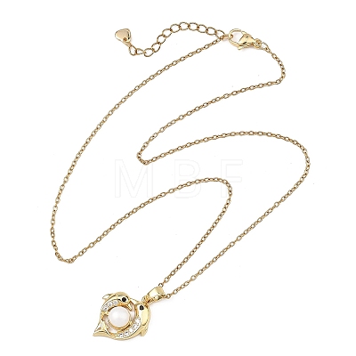 Ocean Brass Micro Pave Clear Cubic Zirconia and Natural Pearl Heart Dolphin Pendant 304 Stainless Steel Cable Chain Necklaces for Women NJEW-JN06262-1