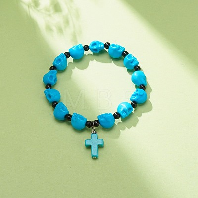 Natural Mashan Jade Skull Beaded Stretch Bracelet with Synthetic Turquoise(Dyed) Cross Charm BJEW-JB08378-04-1