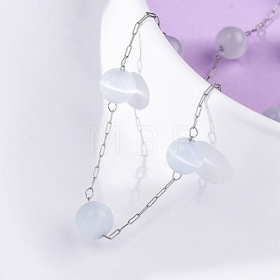 304 Stainless Steel Cat Eye Round Beads Handmade Chain Necklaces for Women NJEW-C073-01P-06-1