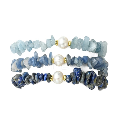 3Pcs 3 Styles Natural Mixed Gemstone Chip & Cultured Freshwater Pearl Beaded Stretch Bracelets Set for Women BJEW-JB13762-08-1
