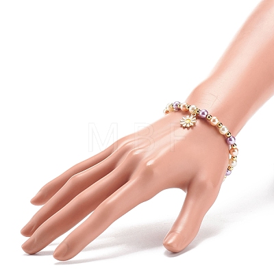 Glass Pearl Beaded Stretch Bracelet with Alloy Enamel Daisy Charm for Women BJEW-JB08541-1