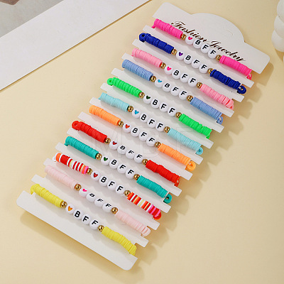 12Pcs Alloy & Polymer Clay & Resin Beaded Stretch Bracelets Set for Frinedship FS-WG9EC10-01-1
