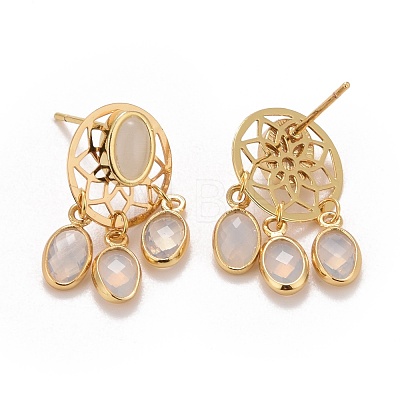 Rack Plating Brass Woven Net Dangle Stud Earrings with Oval Glass for Women EJEW-I265-09G-1