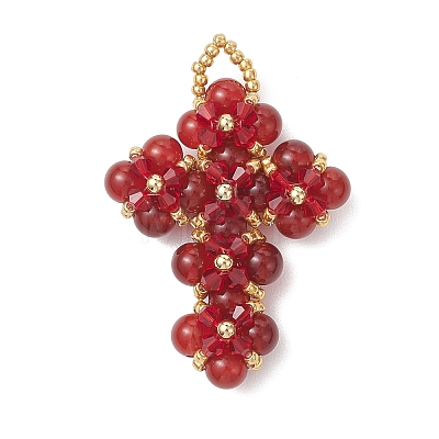 Natural & Synthetic Gemstone Round Beads & Glass Seed Beaded Cross Pendants PALLOY-MZ01151-1