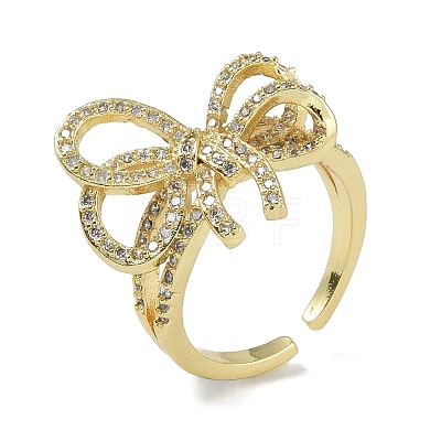 Rack Plating Brass Micro Pave Cubic Zirconia Bowknot Open Cuff Rings for Women RJEW-C088-01G-1