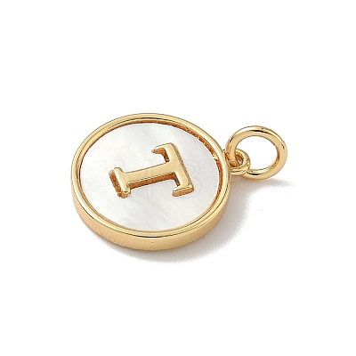 Brass Pave Natural Shell Flat Round with Letter Charms KK-Z115-13G-T-1