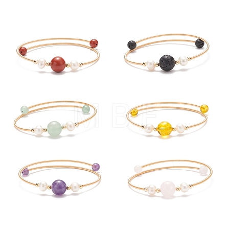 Natural Gemstone & Pearl Round Beaded Bangle BJEW-JB08464-1