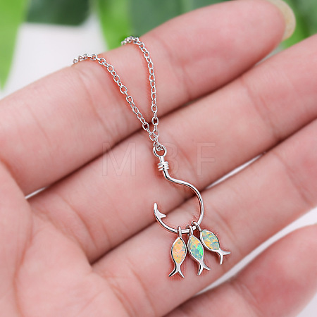 3-Fish & Fishhook Brass with Opal Pendant Necklaces FS-WGC8170-02-1