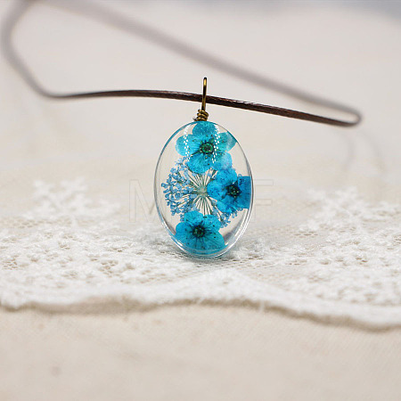 Alloy Wire Wrapped Oval Glass Inner Dried Flower Pendant Waxed Cord Necklaces for Women FS-WG6B63C-07-1