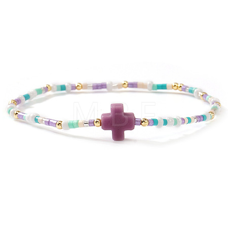 Bohemian Cross Charm Glass Seed Bead & Brass Beads Stretch Bracelet for Women SA4132-11-1