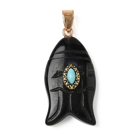 Natural Black Obsidian & Synthetic Turquoise Carved Pendants G-Z084-01G-07-1