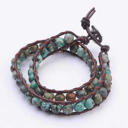 Two Loops Natural African Turquoise(Jasper) Wrap Bracelets BJEW-JB03285-02-1