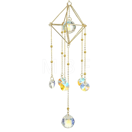 Glass Round Ball with Brass Chains Hanging Pendant Decorations HJEW-JM01298-1