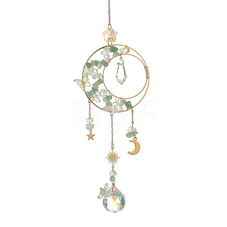 Natural Green Aventurine & Brass Ring Suncatcher with 304 Stainless Steel Sun Moon Star Charm HJEW-JM05009-02-1