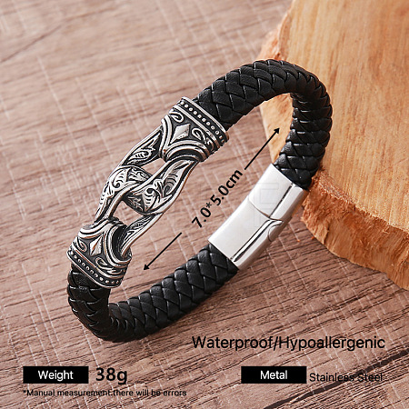 Vintage 304 Stainless Steel Men's Braided PU Leather Bracelets with Metal Magnetic Clasps LE2657-6-1