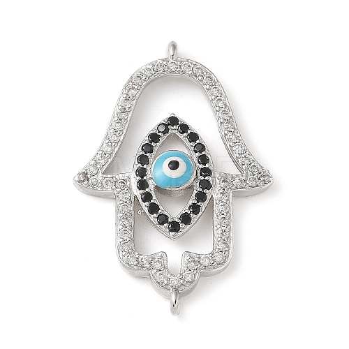 Brass Micro Pave Cleear & Black Cubic Zirconia Evil Eye Hamsa Hand Connector Charms KK-C086-15A-P01-1