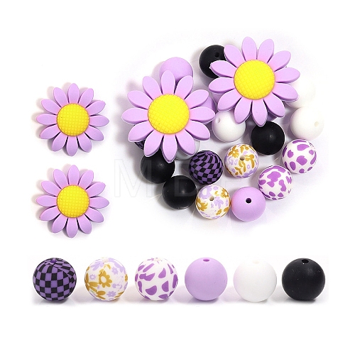 23Pcs Sunflower & Round Silicone Focal Beads SIL-L005-01C-1