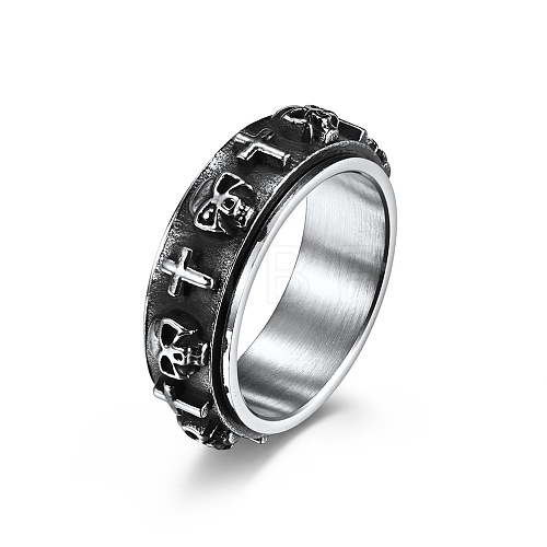 Titanium Steel Skull & Cross Rotatable Finger Ring SKUL-PW0002-015G-P-1