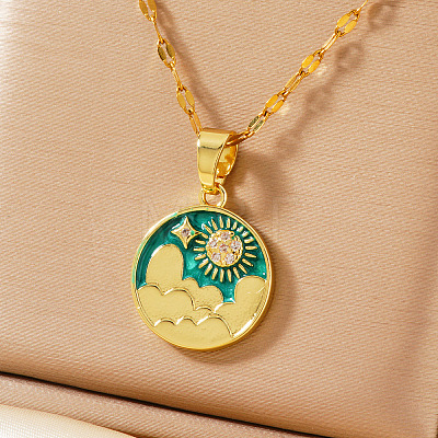 Brass Green Enamel 3D Flat Round Sky Sun Pendant Necklaces AR2379-2-1