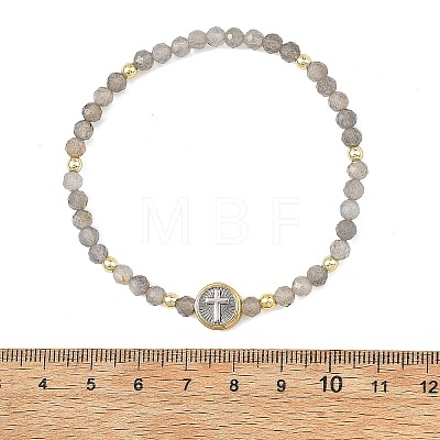 Religion Natural Labradorite Beaded Stretch Bracelets with Brass Flat Round with Cross Beads BJEW-JB14360-01-1