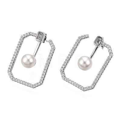 Clear Cubic Zirconia Rectangle with Plastic Pearl Front Back Stud Earrings EJEW-N011-116P-1
