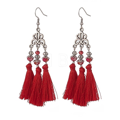 4 Pairs 4 Color Polyester Tassel with Glass Beaded Chandelier Earrings EJEW-TA00183-1