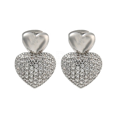 Heart Brass Pave Clear Cubic Zirconia Stud Earrings for Women EJEW-N054-44P-1