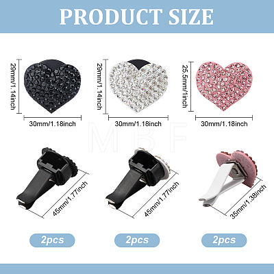 HOBBIESAY 6Pcs 3 Styles Heart Plastic with Rhinestone Car Air Vent Clip FIND-HY0002-81-1